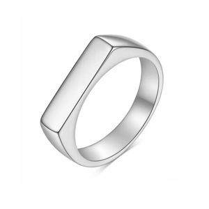 Minimalist silver titanium steel ring with a rectangular flat top and polished finish