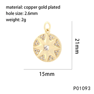 Detailed view of 15mm gold-plated copper starburst pendant with dimensions and zircon inlay