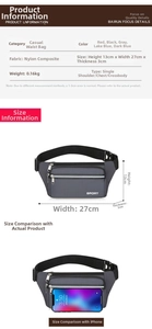 Detailed size chart for waterproof nylon waist bag showing 27cm width and SPORT logo