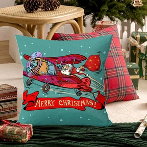 Housse de coussin Noël avec Père Noël en avion sur fond de décor de fête