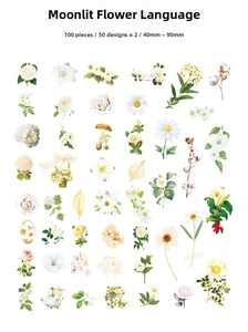 Detailed grid of 100 watercolor floral stickers in pink and yellow for DIY journals