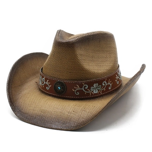 Chapeau De Paille De Cowboy Western Papier Tressé Bord Large Protection Solaire Bande Brodée Ethnique Rétro Extérieur Plage Voyage Femmes