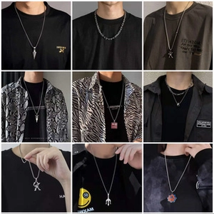 Collage of varied hip-hop titanium steel necklaces with diverse pendants for men and women