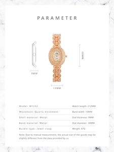 Detailed size chart for women's full diamond rose gold quartz watch model M1232