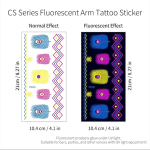 Fluorescent feather arm tattoo sticker with UV glow effect in 21x10.4cm size