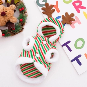 Detail of festive striped pet hoodie with brown antlers and soft plush white trim