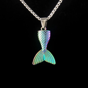 Iridescent Mermaid Tail Pendant Necklace For Women Men Stainless Steel Chain Alloy Colorful Fish Tail Sea Animal Fashion Jewelry Gift