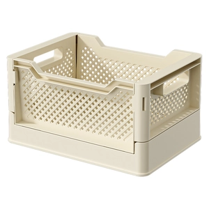 Foldable cream plastic storage basket with grid design for desktop organization