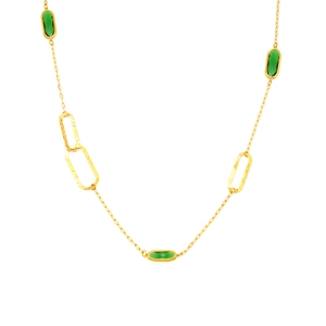 Golden necklace with green stones and hammered rectangular rings on a clean white background