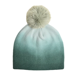Winter-Strickmütze mit grünem Farbverlauf, Kunstfell-Pompon und Rippstrickbündchen