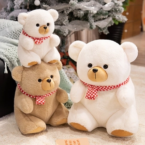 Cute Teddy Bear Plush Toy Soft Stuffed Animal With Checkered Scarf Faux Fur PP Cotton Filling For Kids Gift Home Decor
