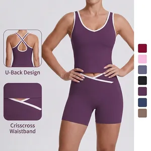 Women Contrast Trim Yoga Set Crossover Waist Sports Bra And High Waist Biker Shorts Workout Running Gym Athletic Tracksuit