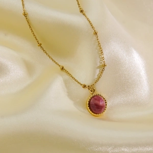 Elegant 14K gold plated necklace with small beads and round pink gemstone pendant