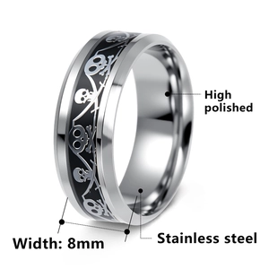 8mm stainless steel pirate skull ring with high polished finish and vintage black details