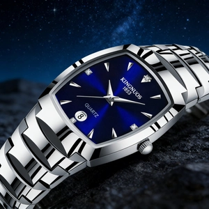 Close-up of a men's quartz watch with a blue rectangular dial and silver metal strap