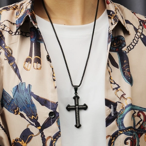 Men's punk black stainless steel cross pendant necklace with engraved prayer on model