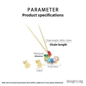Detailed specs of gold titanium petal necklace set with marquise rhinestones and measurements