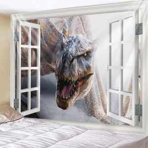 Detail view of 3D window tapestry featuring a realistic roaring dinosaur for wall decor