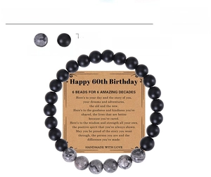 Map stone and matte black beaded bracelet detail with 8mm beads and birthday card