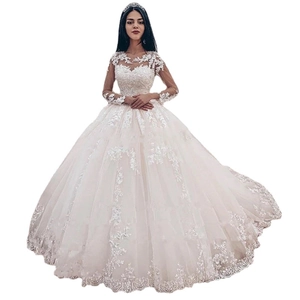 Elegant long sleeve lace wedding gown with ball gown skirt and off-shoulder design