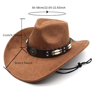 Chapeau de cow-boy en suède marron avec emblème tête de taureau et bande perlée