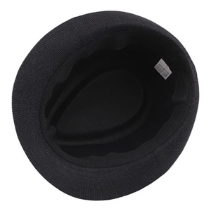 Detail view of woven black linen Fedora hat showing interior lining and sweatband texture