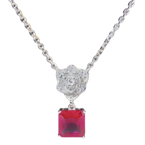 S925 silver camellia necklace with square red corundum and pavé zircon petals