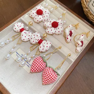 Flower Bow Strawberry Drop Earrings With 925 Sterling Silver Earring Post Alloy Imitation Artificial Pearl Zircon Fabric Polka Dot