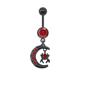 Gothic black spider web belly ring with moon pendant and red zircon in 316L steel