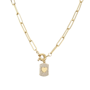 Gold paperclip chain necklace with a zircon rectangle pendant and polished heart charm