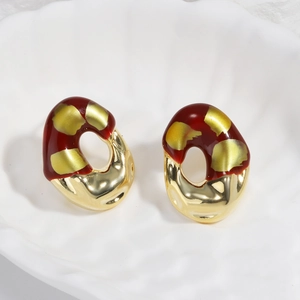 Irregular Oval Stud Earrings For Women With Red Enamel And Gold Spots 925 Sterling Silver Earring Post French Vintage Brass Jewelry