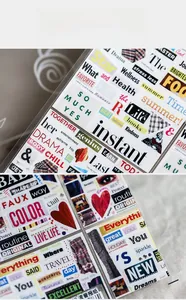 Macro detail of pop newspaper style nail art stickers with vintage artistic English words