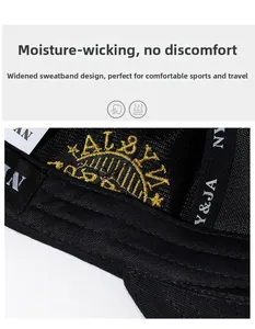 Macro detail of breathable wide sweatband and golden embroidery inside black baseball cap
