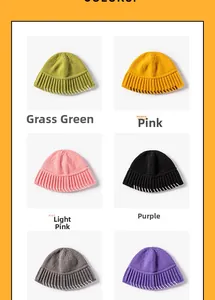 Detailed grid view of knitted bucket hats in six vibrant colors with stitch details