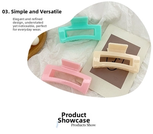 Detail of rectangular hollow hair claws in mint green, beige, and soft pink shades