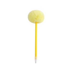 Detail of creative yellow gel pen with a large fluffy pompom on a white background