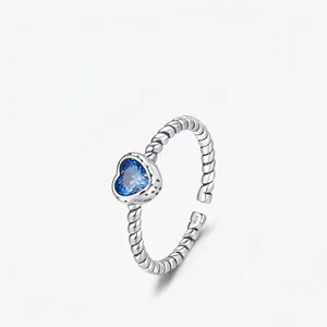 925 Sterling Silver Ring Blue Heart Zirconia Adjustable Open Vintage Rope Texture For Women