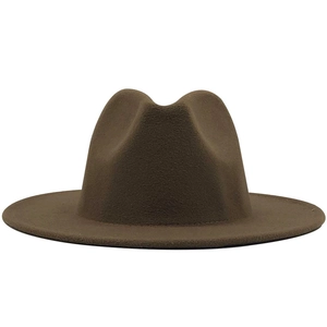 Close-up of a dark brown wide-brim wool fedora hat featuring a smooth felt texture