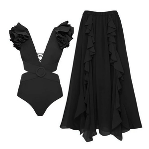 Women's black 3D flower cutout monokini and layered ruffle skirt beachwear set