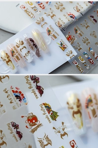 Macro detail of Beijing Opera themed nail stickers with facial masks and floral patterns