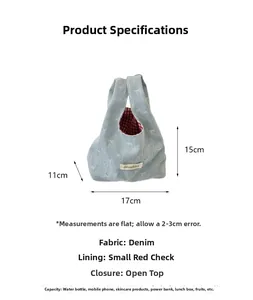 Mini denim tote with red plaid lining and dimensions 17cm x 11cm x 15cm