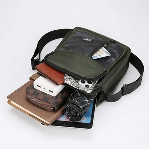 Men's crossbody bag in army green camo with large capacity for tablets and daily items