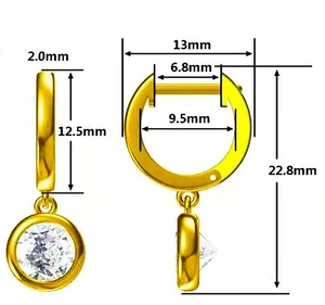 Detailed dimension guide for gold D color moissanite earrings showing 22.8mm total height