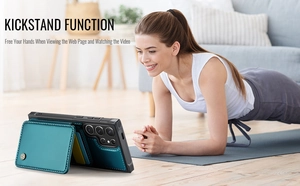 Blue leather wallet case for Samsung with kickstand function and card slot in home setting