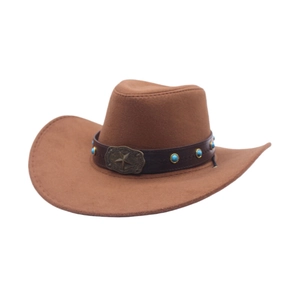 Chapeau de cowboy marron avec bande en cuir, étoile en métal et turquoise