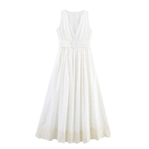 Damen Resort Stil Polyester Ärmellos V-Ausschnitt Maxi Kleid Elegant Stickerei Hohle Spitze Hohe Taille Kleid