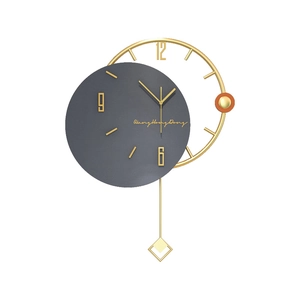 Modern minimalist dark grey and gold wall clock with a pendulum for living room decor