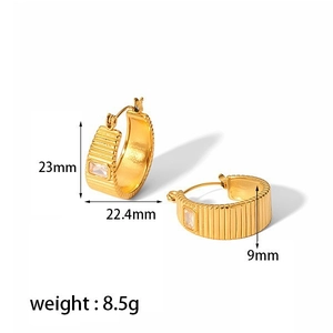 18k gold plated ribbed hoop earrings with rectangular zircon gemstone inserts