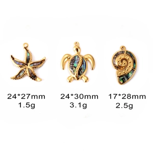 Detailed view of abalone shell sea turtle and starfish charms with product dimensions