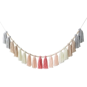 Bohemian tassel garland banner with cotton fringe and natural wooden beads for wall decor